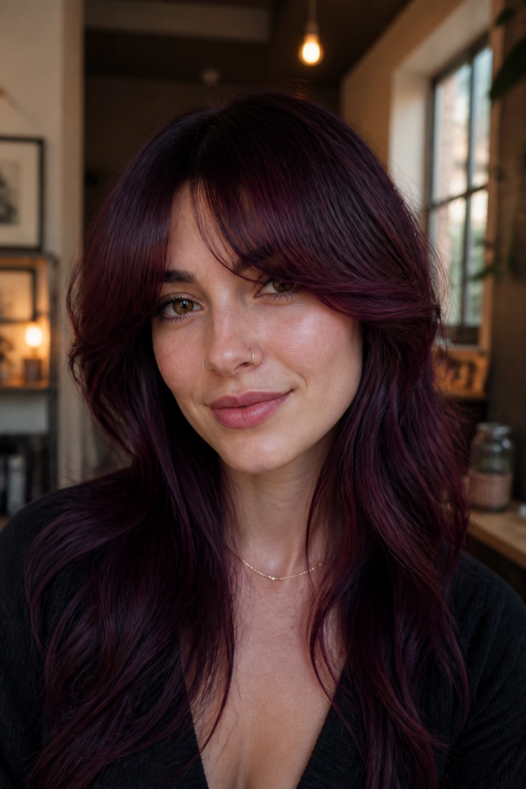 Close-up of curtain bangs in black cherry framing the face