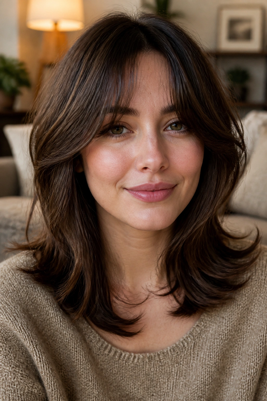 Portrait of a real woman wearing curtain bangs with chin-to-collarbone layers