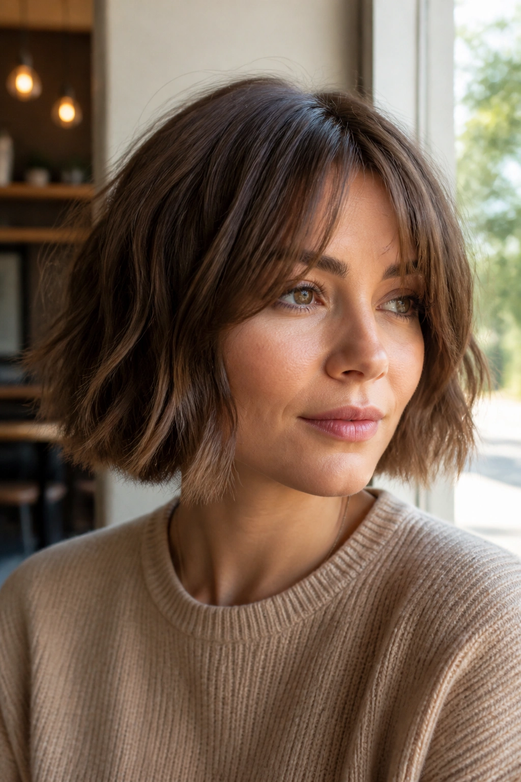 Portrait of a real woman with choppy bob and curtain bangs