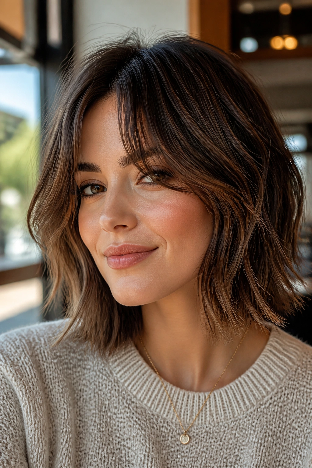 Close-up of a real woman with choppy bob and curtain bangs