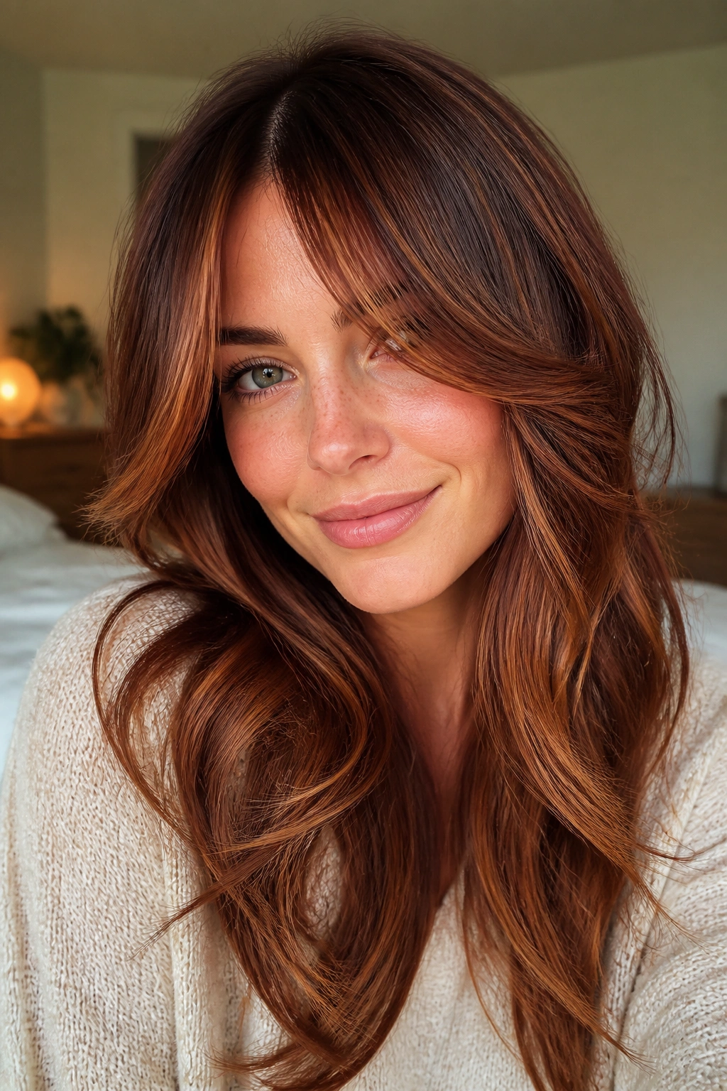 Close-up portrait of curtain bangs with cinnamon auburn ribbon lights on a real person in a cozy bedroom