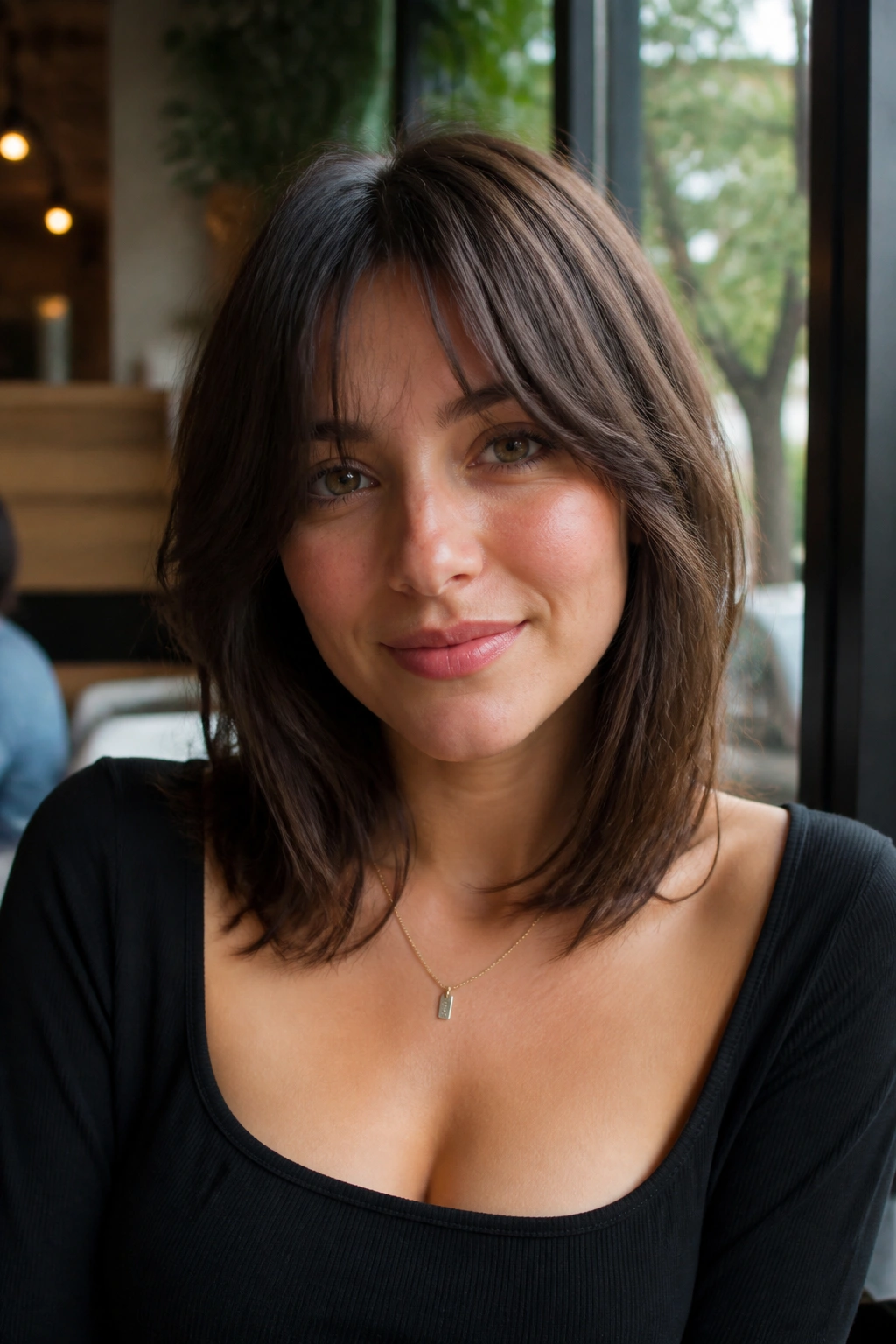 Portrait of a real woman with curtain bangs and collarbone-length cut in warm light