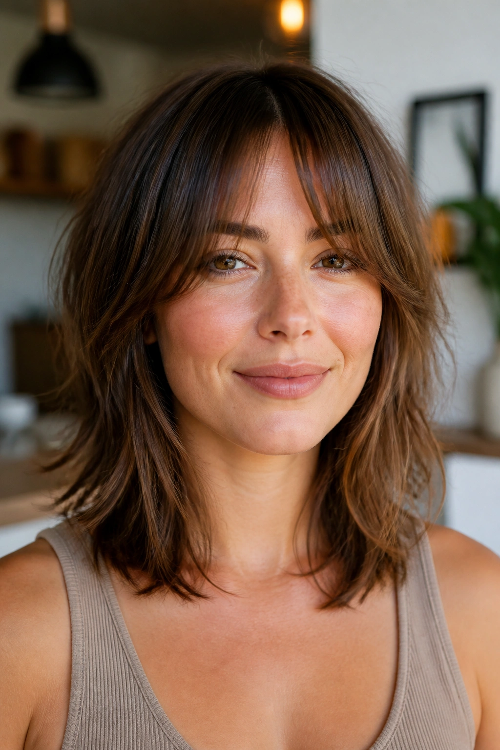 Close-up portrait of a real woman with curtain bangs and collarbone-length layers