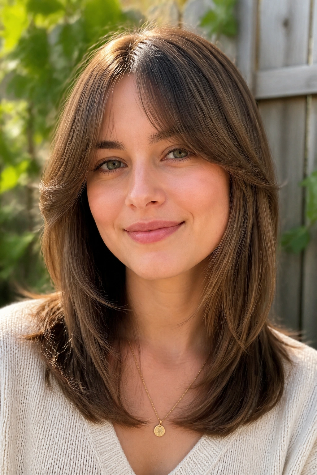 Portrait of a real woman with curtain bangs blending into collarbone layers in natural sunlight.