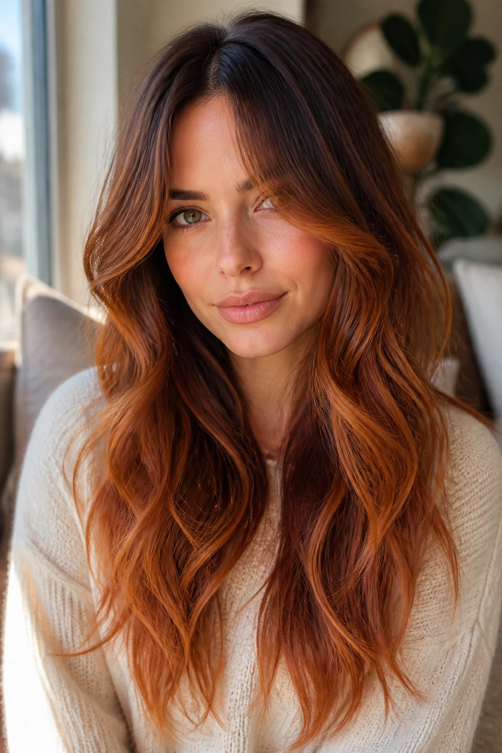 Portrait of a real woman with curtain bangs and copper hair