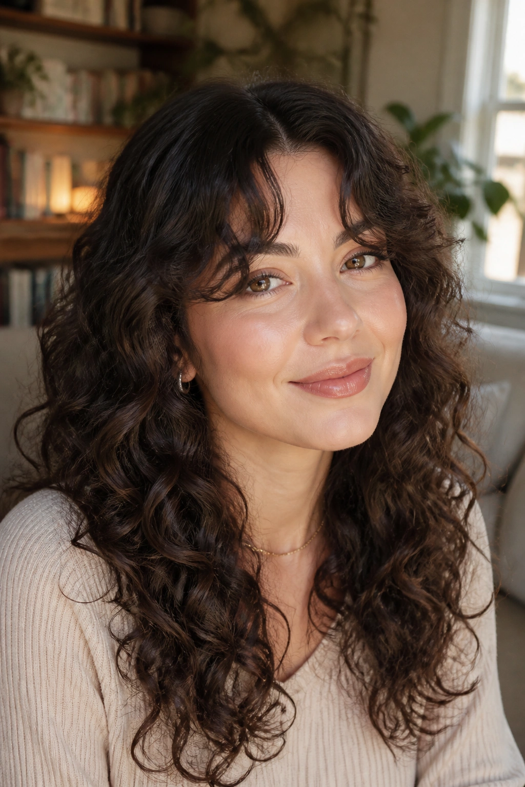 Close-up portrait of a real woman with curtain bangs opening the forehead in warm light