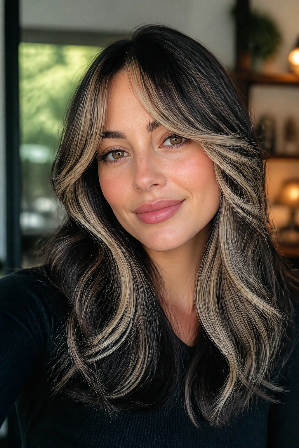 Close-up portrait of curtain bangs with blonde and black dimension framing the face