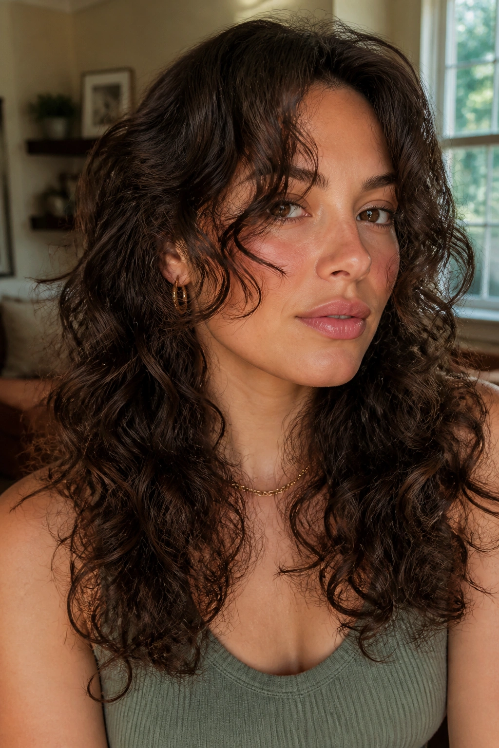 Close-up of a real person with curtain bangs blending into face frame
