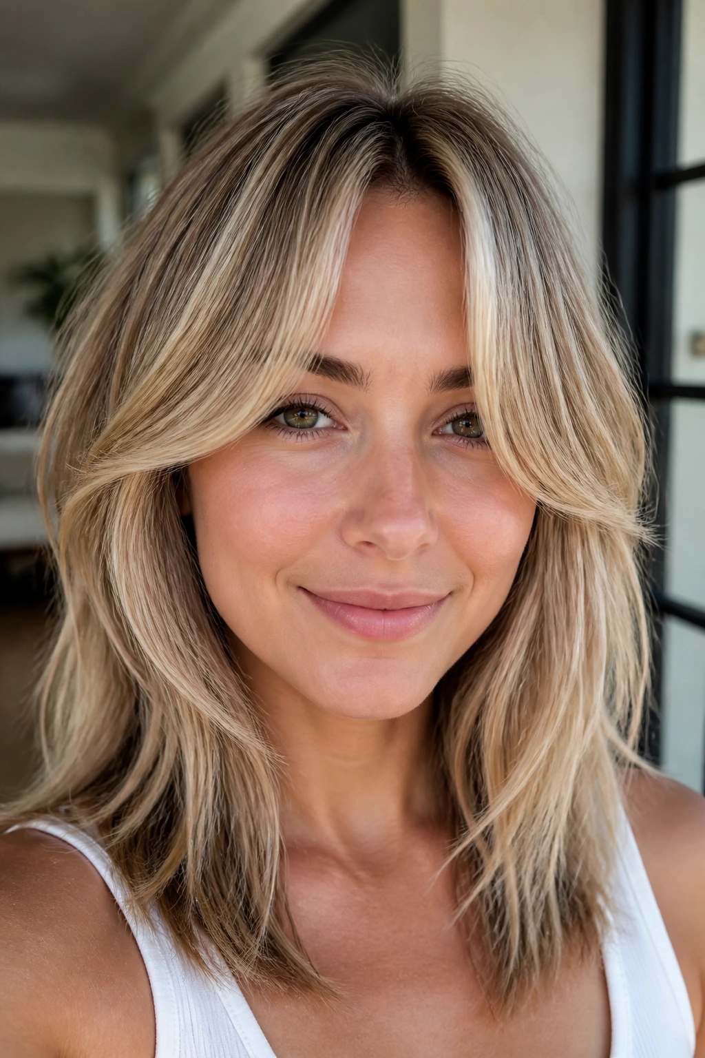 Close-up of a real woman with curtain bangs opening the face.