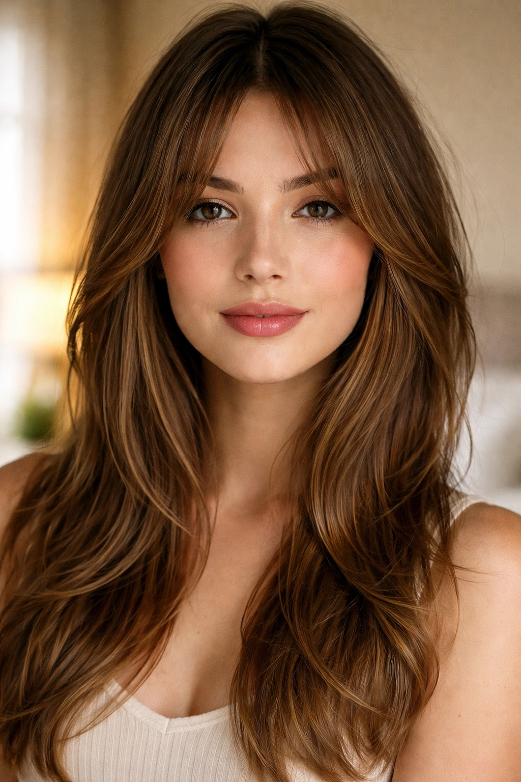 Portrait of a woman with curtain bangs framing the eyes