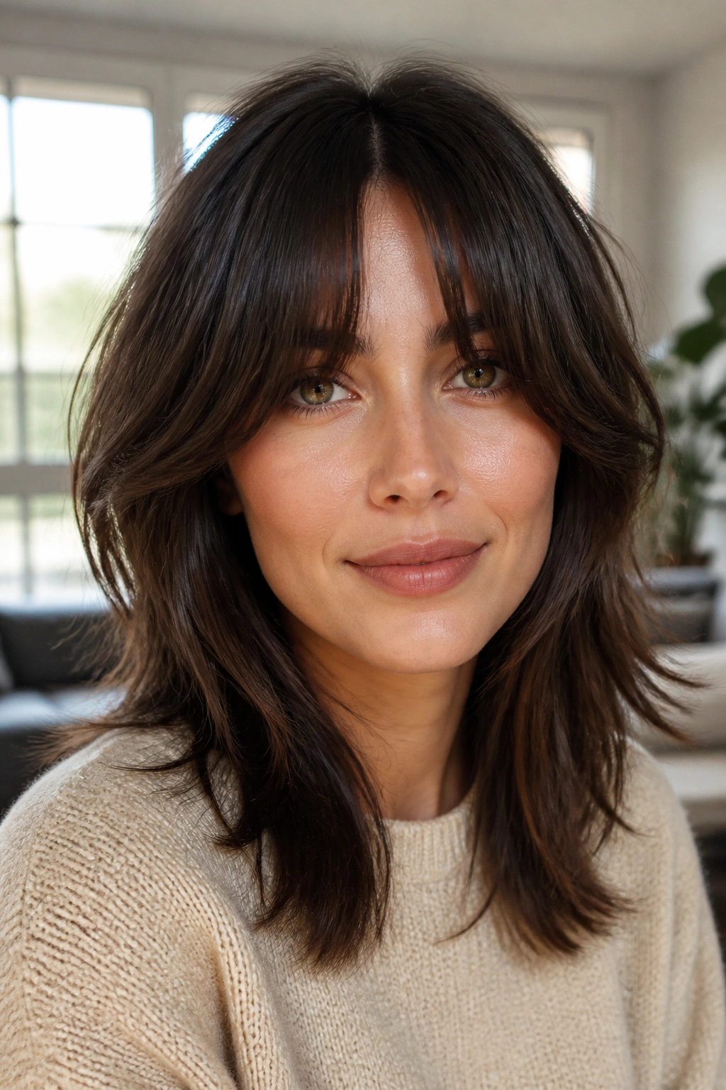 Portrait of woman with curtain bangs framing the face