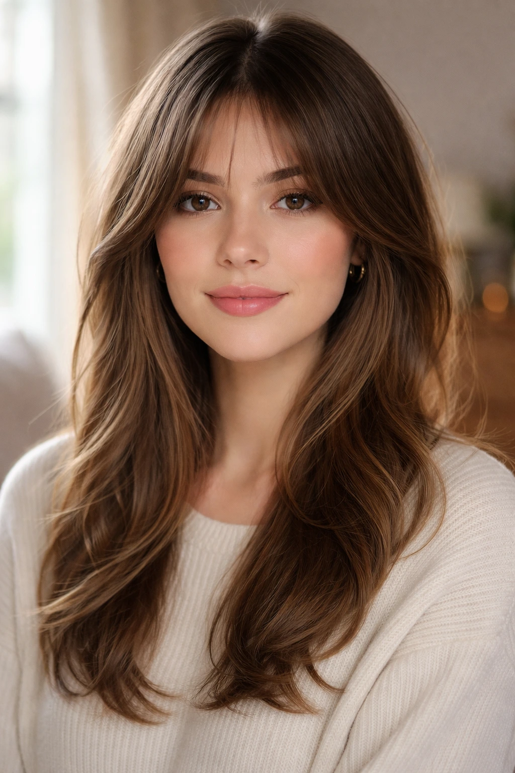 Real woman with curtain bangs and face-framing layers portrait