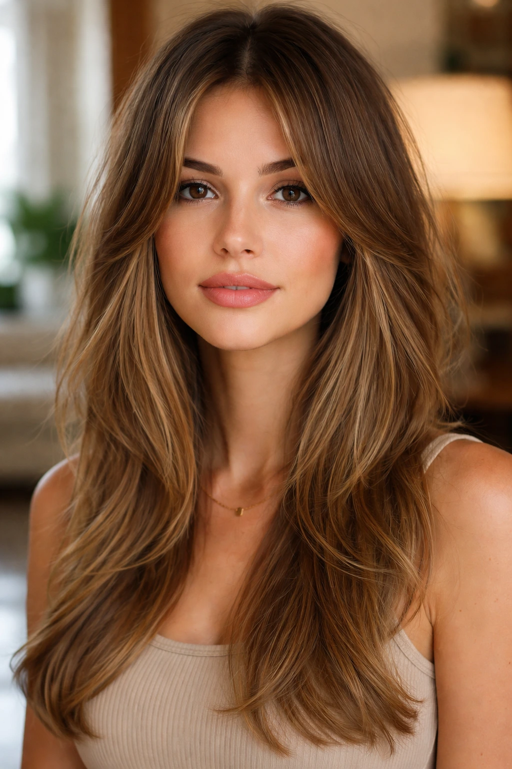 Close-up of a real woman wearing face-framing curtain bangs arcing around the face