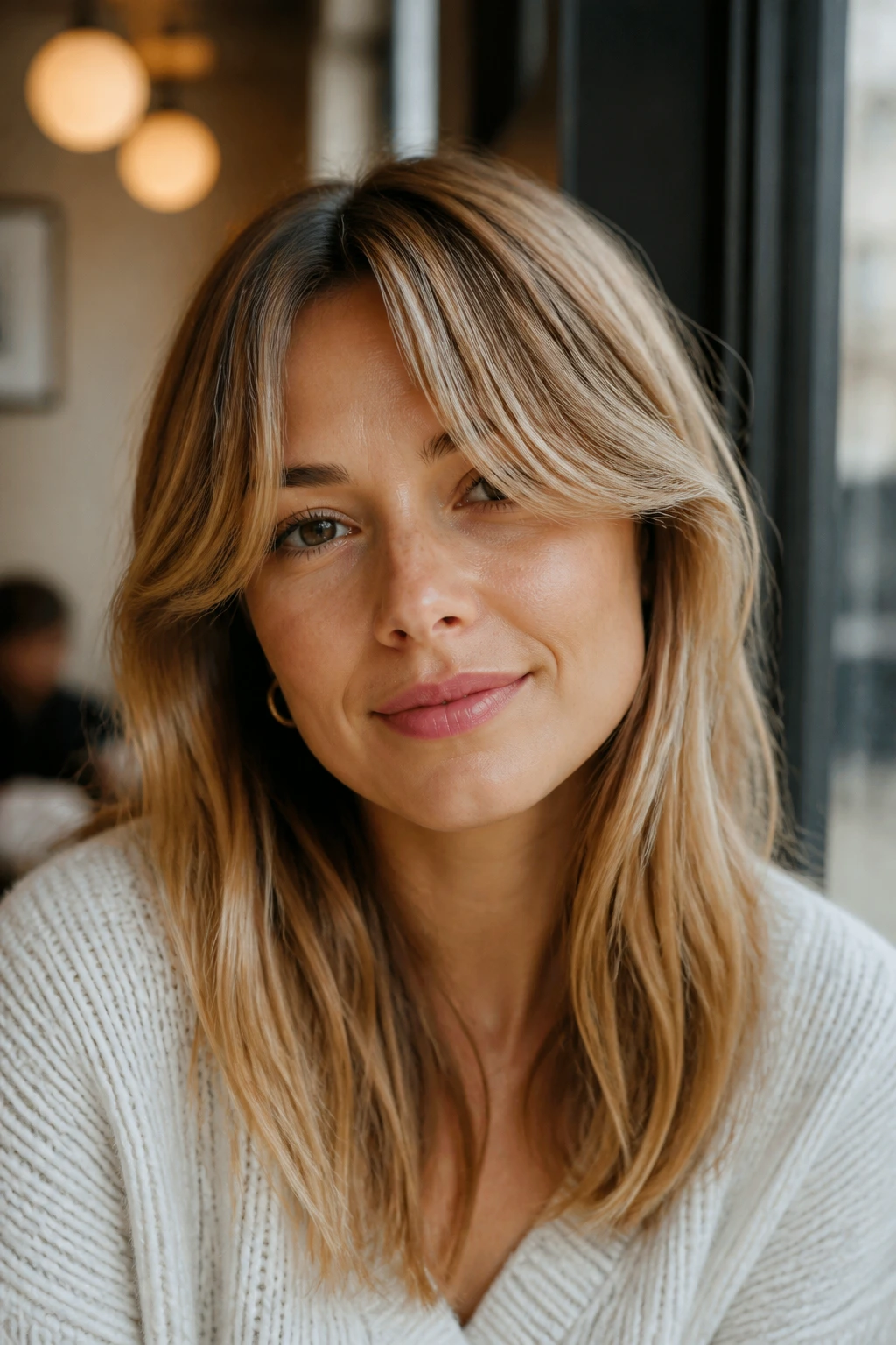 Close-up portrait of a woman with curtain bangs parted in the middle