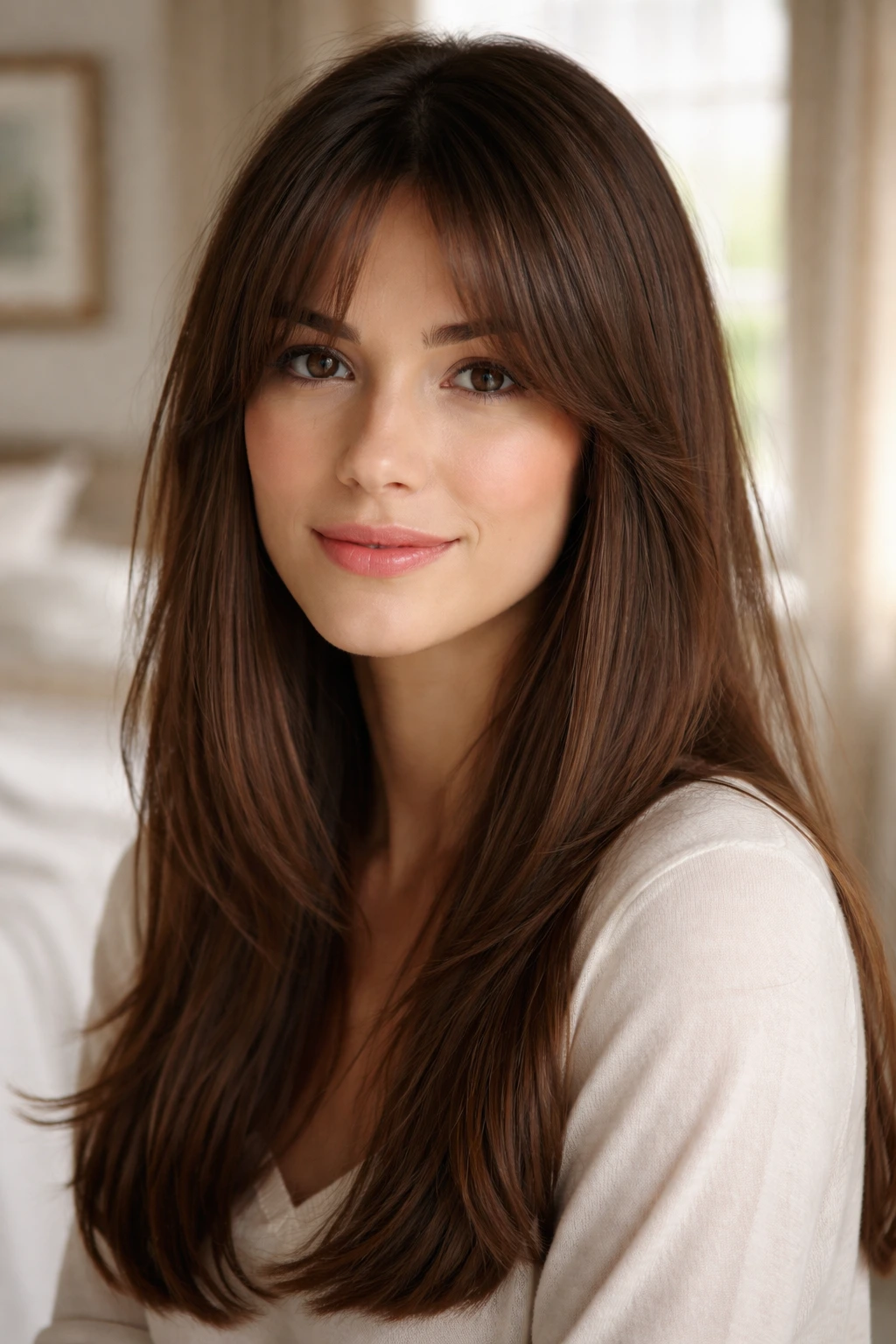 Close-up of a real woman with face-framing curtain bangs.