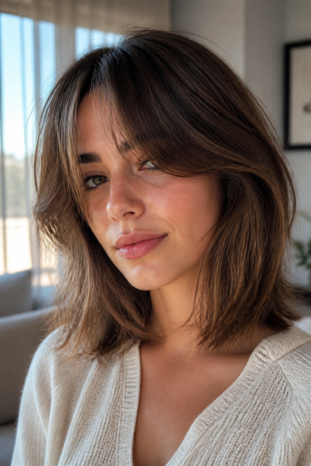 Close-up of a real woman with curtain bangs and feathered layers in soft window light