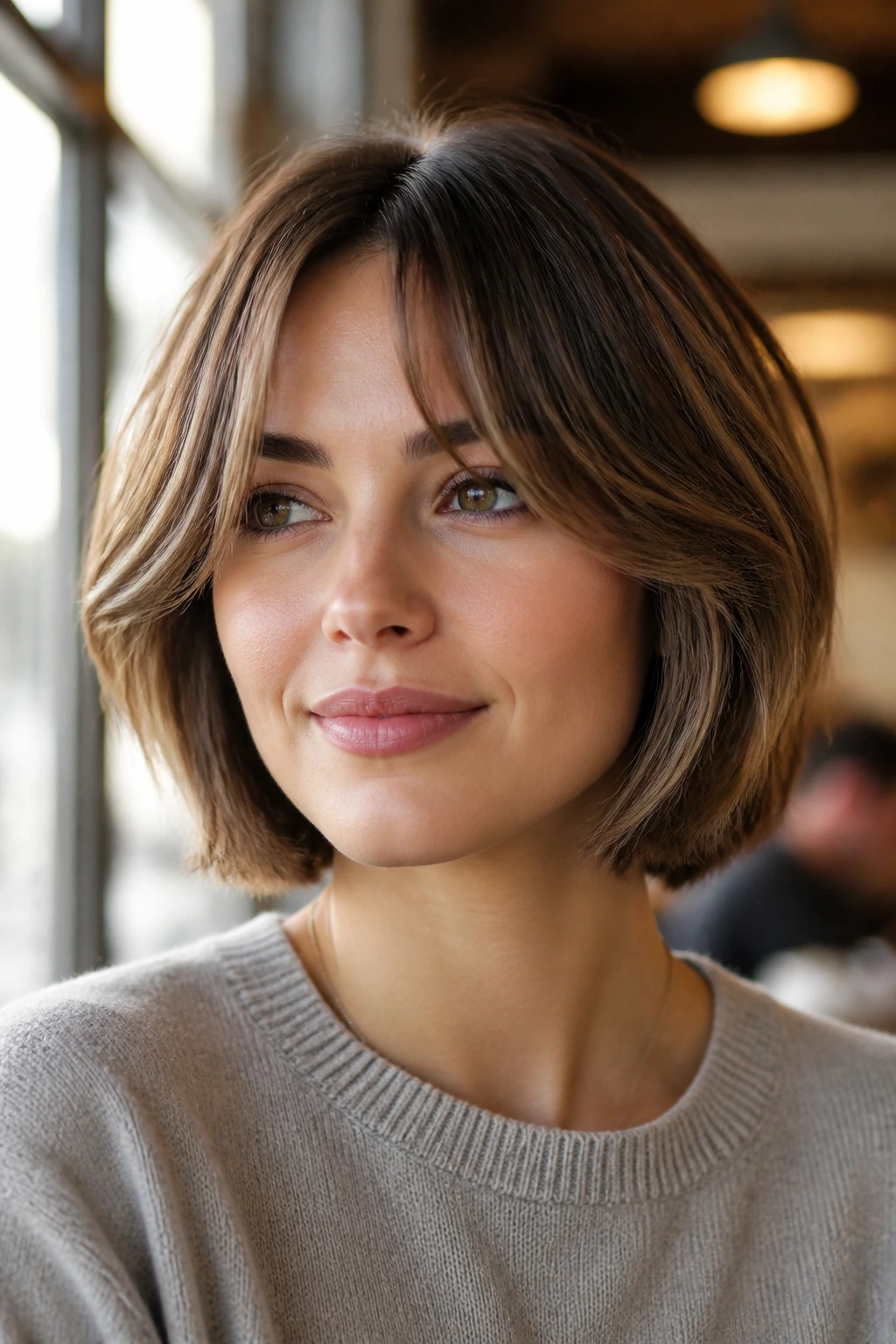 Close-up portrait of a real woman with curtain bangs and floating layers