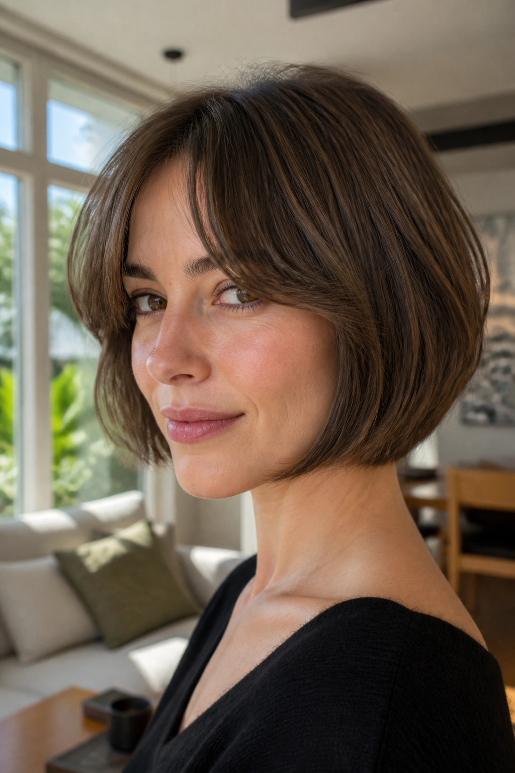 Close-up of a woman with curtain bangs on a French bob in bright living room light