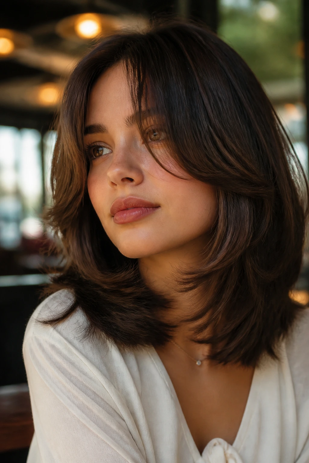 Close-up of a real person with a graduated cut and curtain bangs