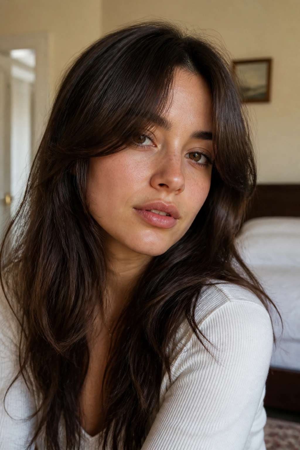 Close-up of a woman wearing grown-in curtain bangs