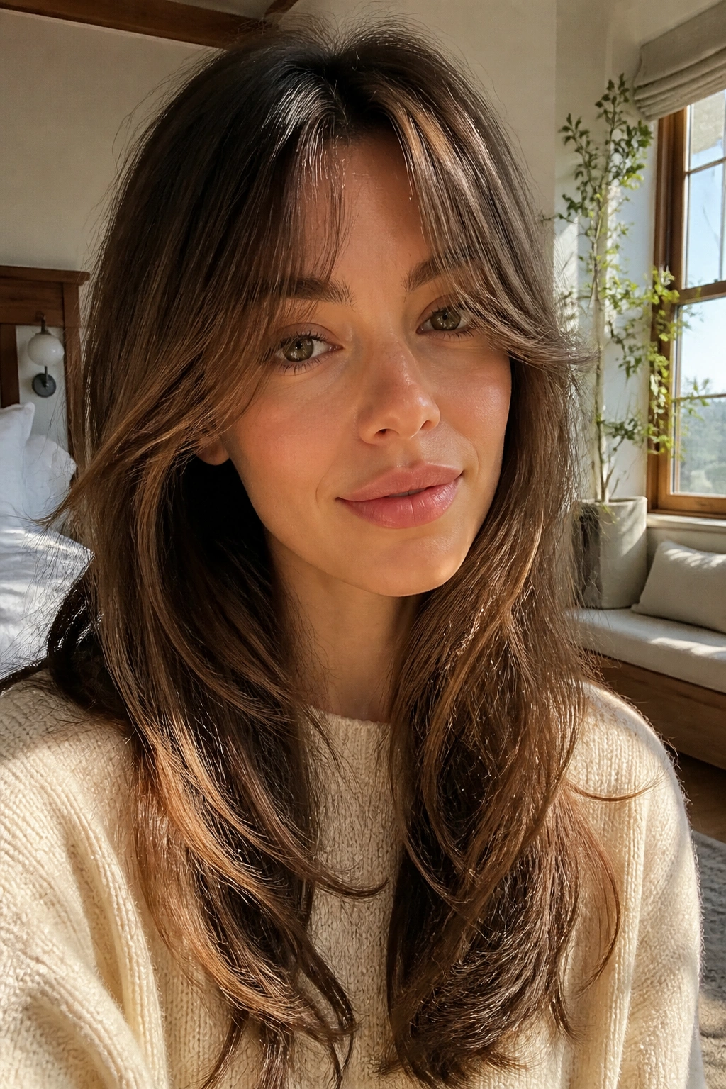 Close-up portrait of a real woman with grown-out curtain bangs framing her face in a sunlit room