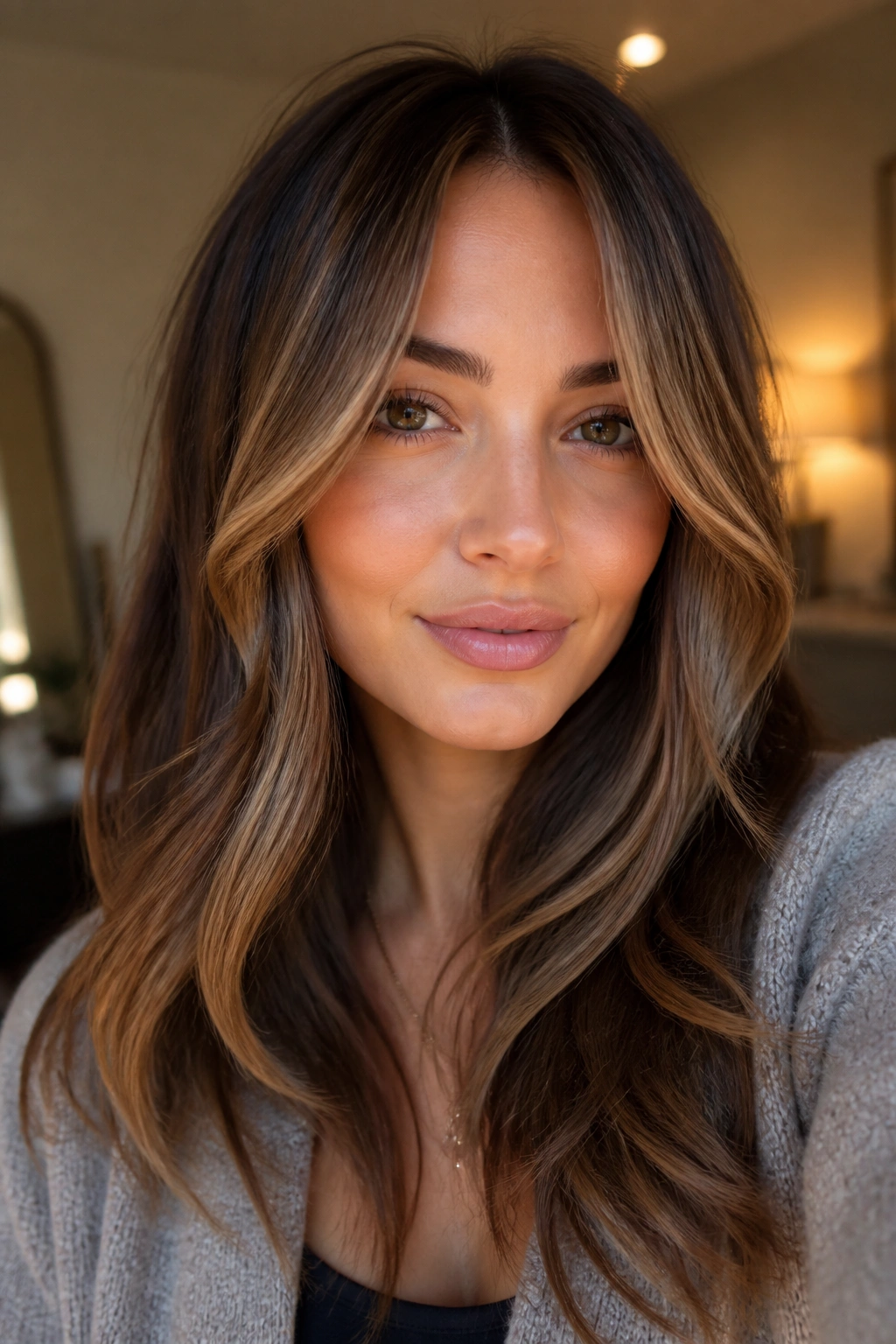 Portrait of a woman with curtain bangs and face framing highlights.