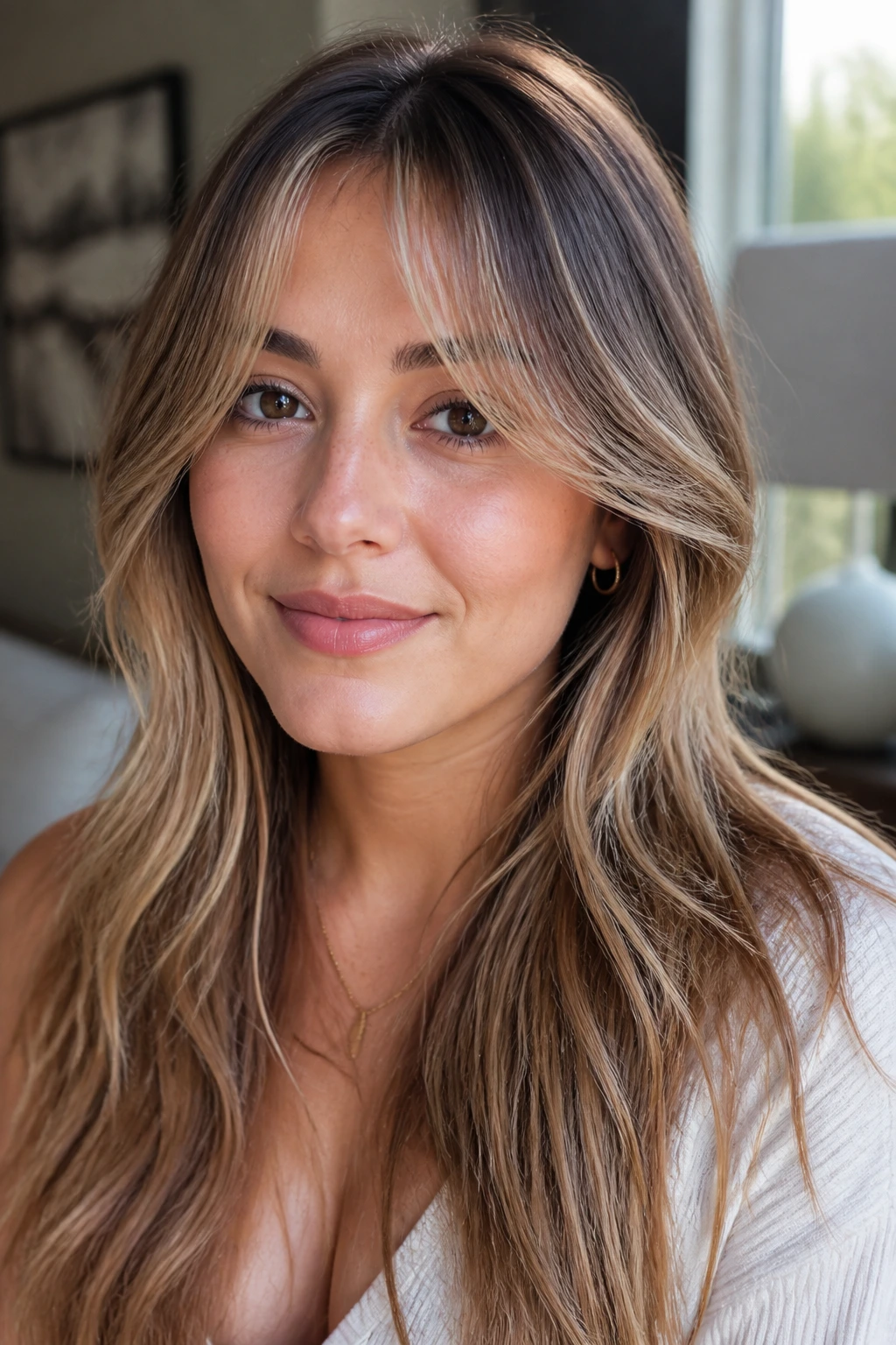 Close-up of a real woman with curtain bangs and subtle highlights opening the face