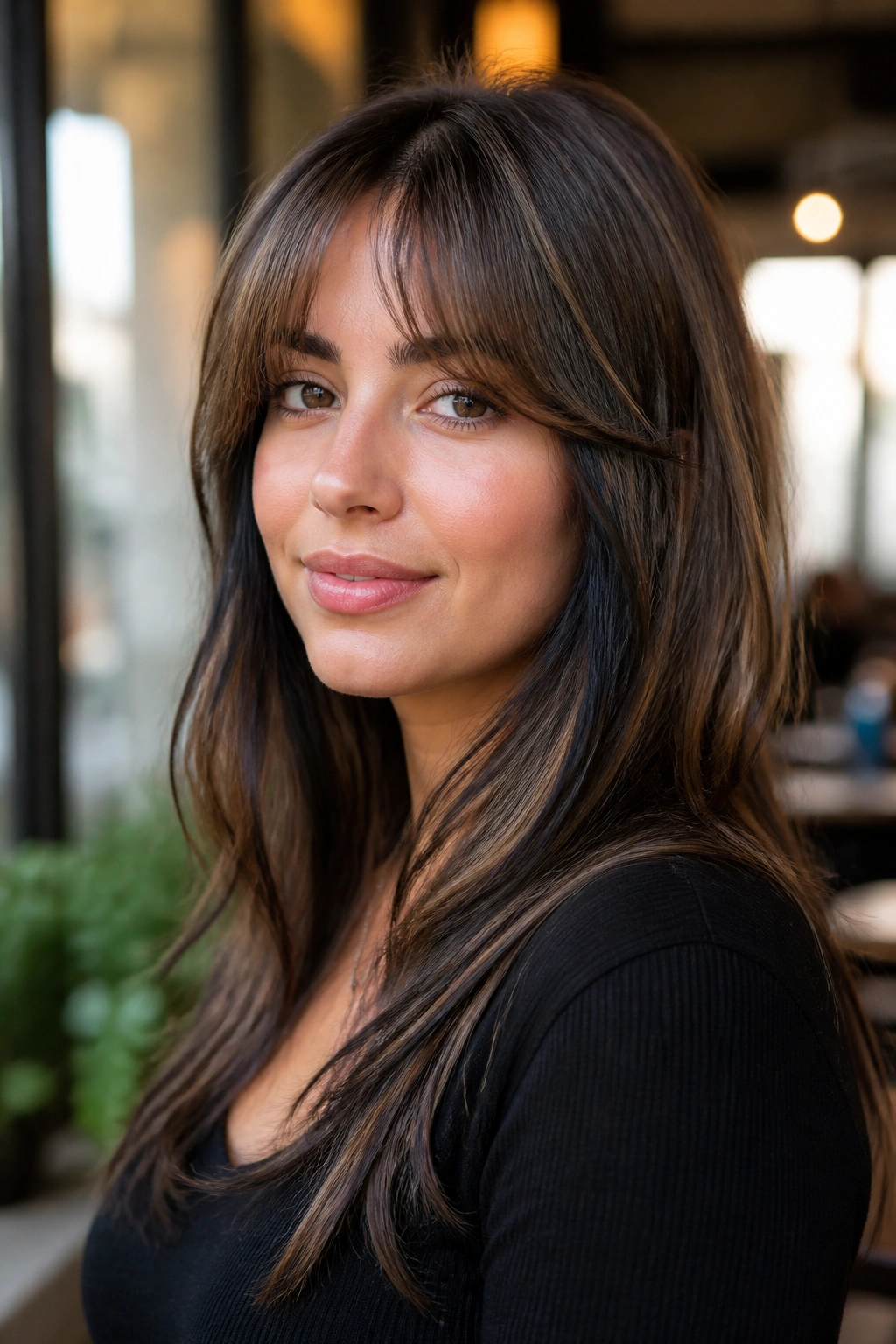 3/4 portrait of a woman with curtain bangs and black streaks at the cheeks