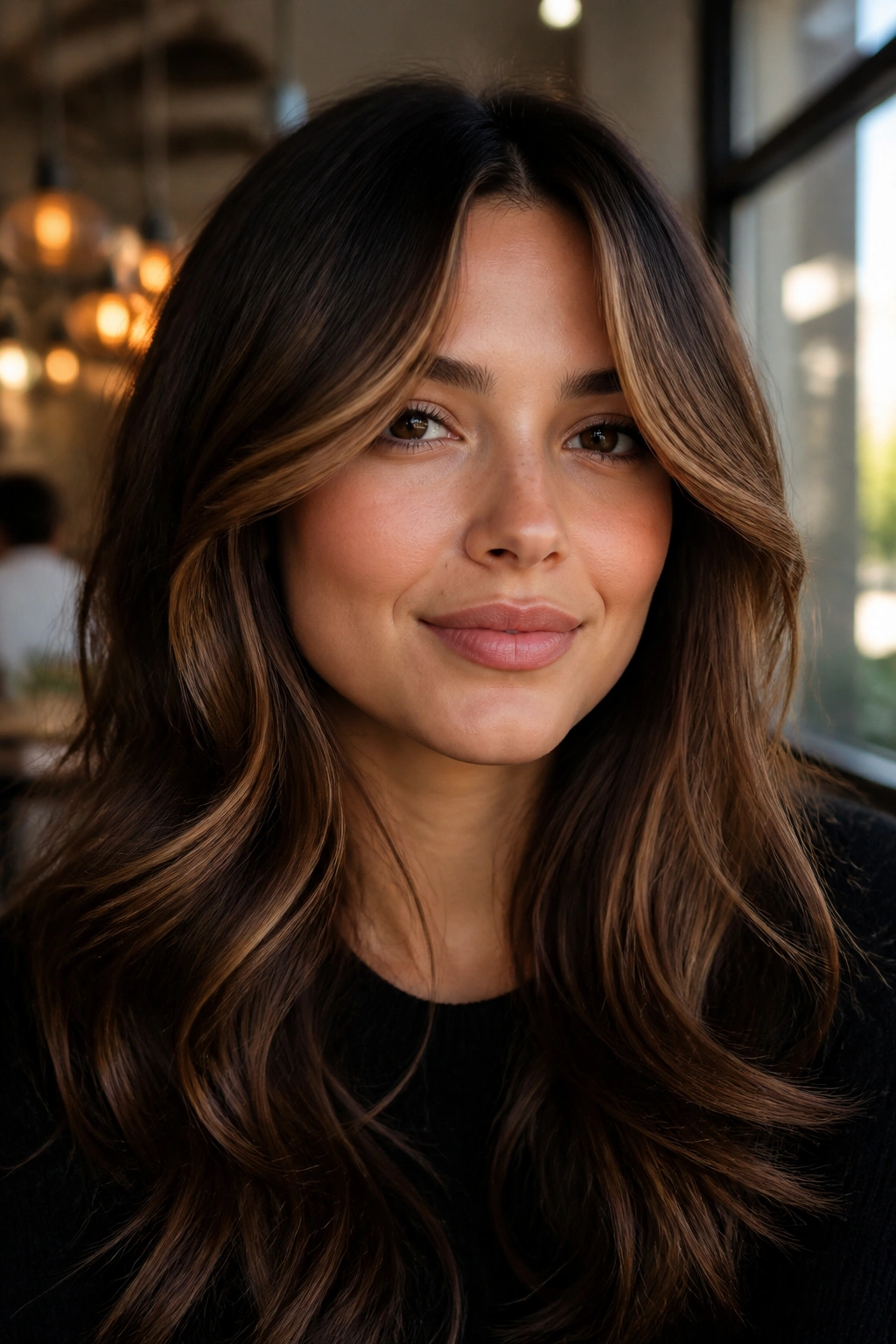 Curtain bangs with highlighted bends framing the face