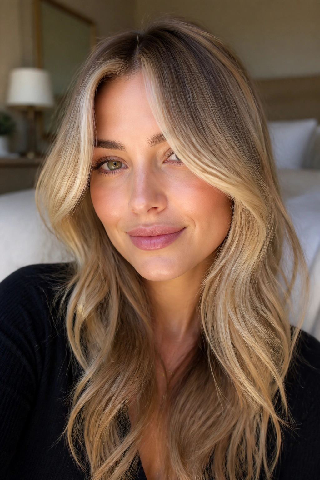 Close-up portrait of a real woman with curtain bang highlights framing the face