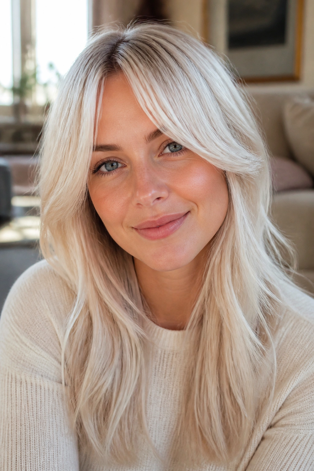 Close-up of a real person with curtain bangs in soft icy blonde under warm window light