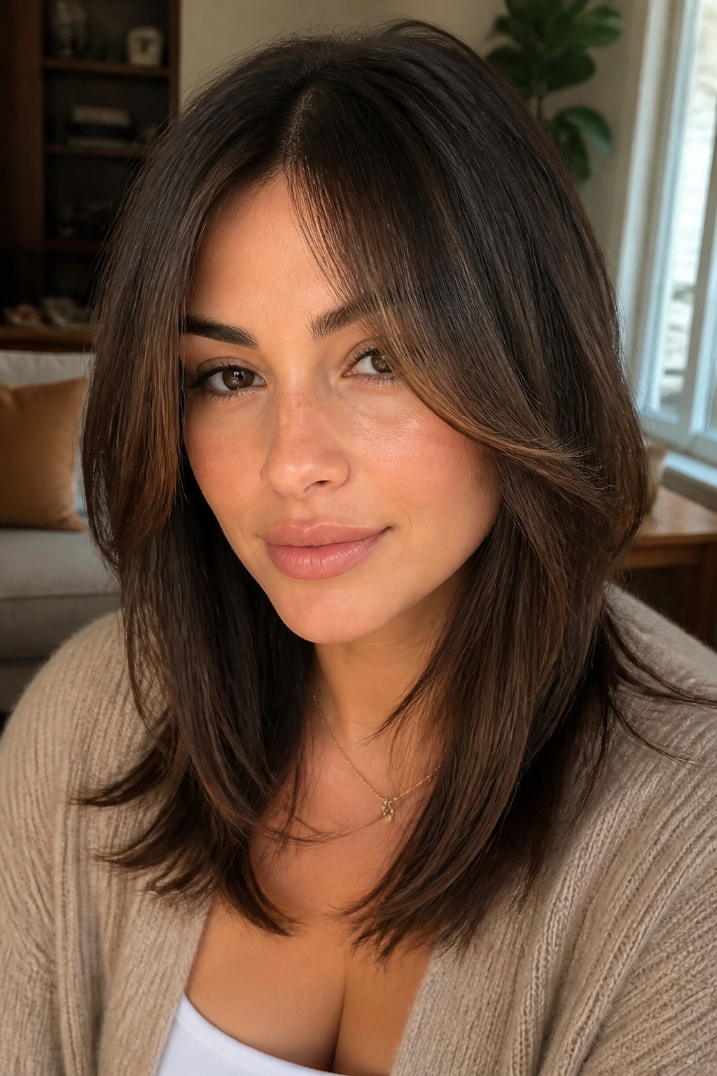 Close-up portrait of a woman with curtain-style inverted bangs framed by soft window light
