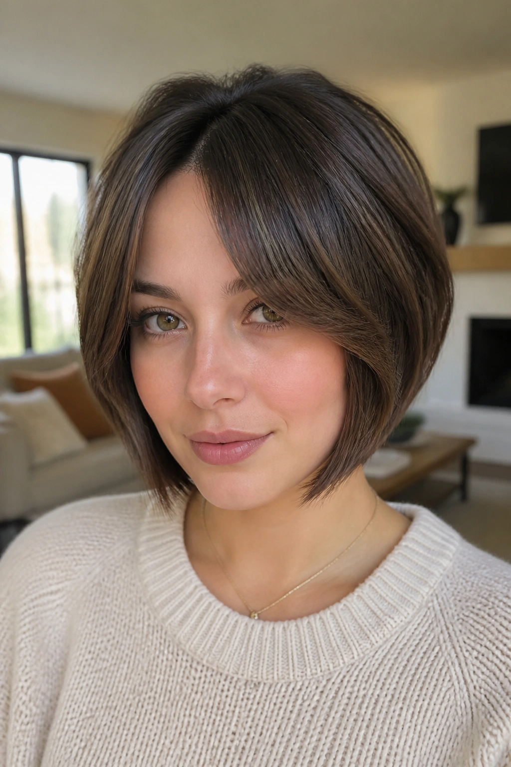 Portrait of a woman with curtain bangs inverted bob for round face in warm indoor light