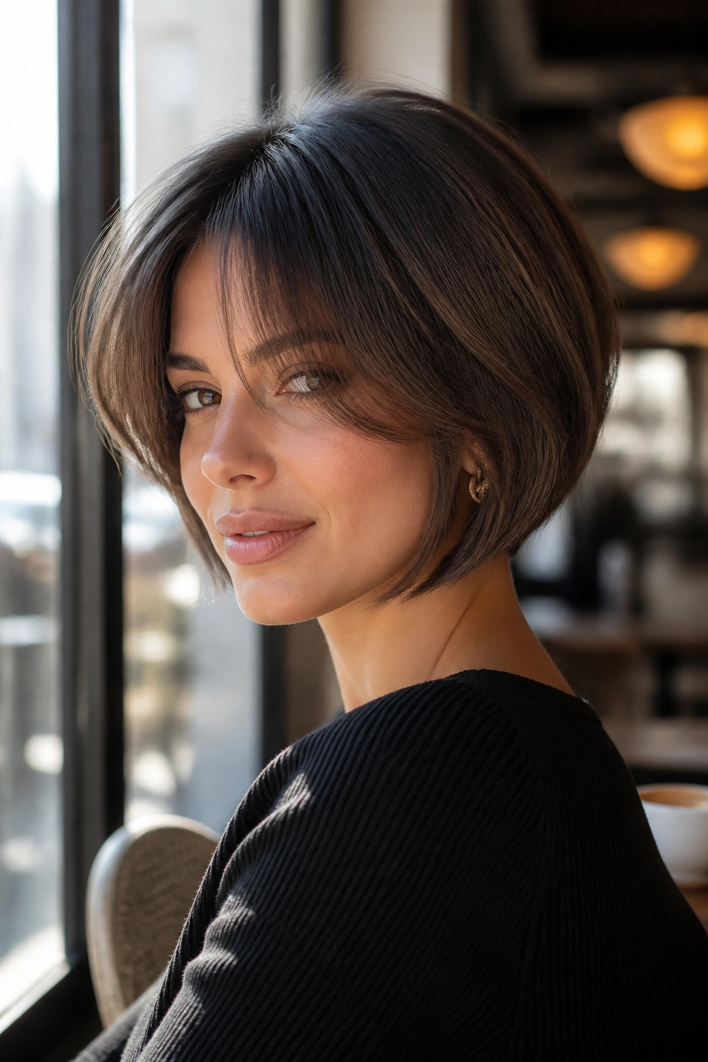 Medium close-up of a woman with curtain bangs and inverted bob in daylight at a cafe window