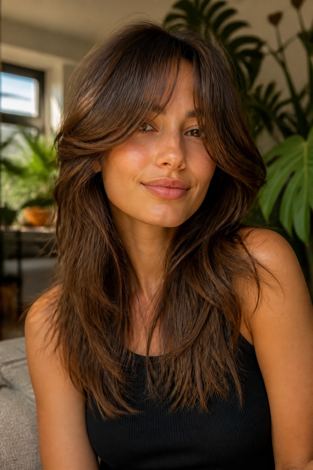 Real woman with curtain bangs and layered hair in a sunlit living room