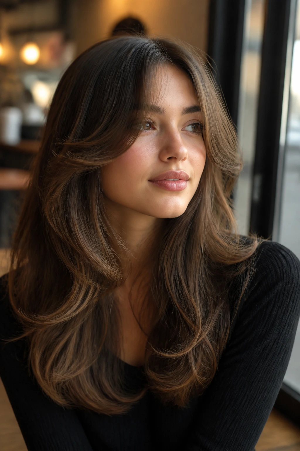 Portrait of woman with soft layered curtain bangs under cafe window light.