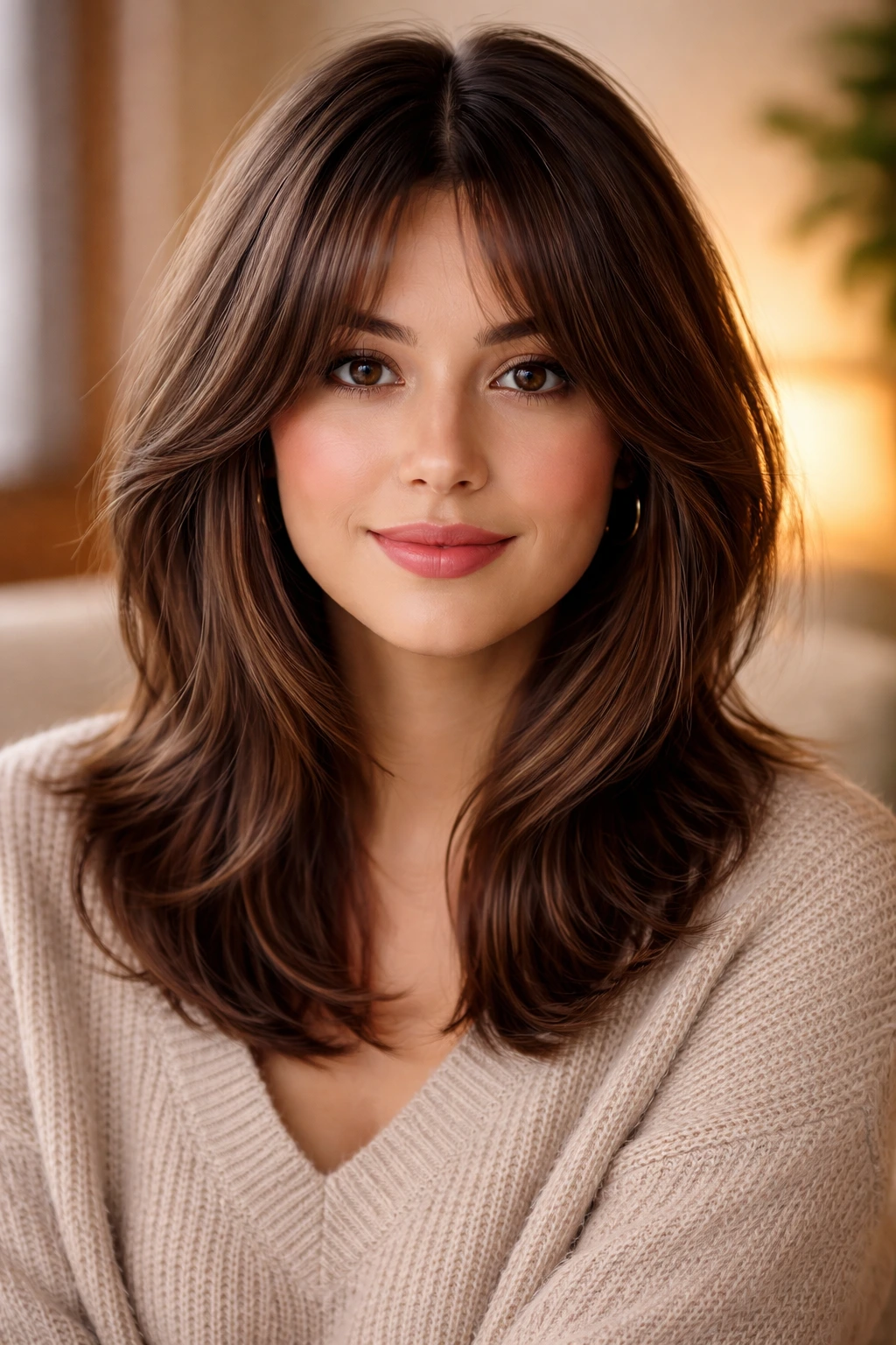 Portrait of a real woman with curtain bangs and layered hair in a cozy living room