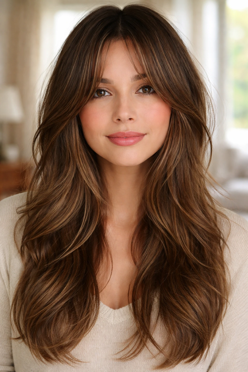 Close-up of a real woman with curtain bangs and layered hair framing the face.
