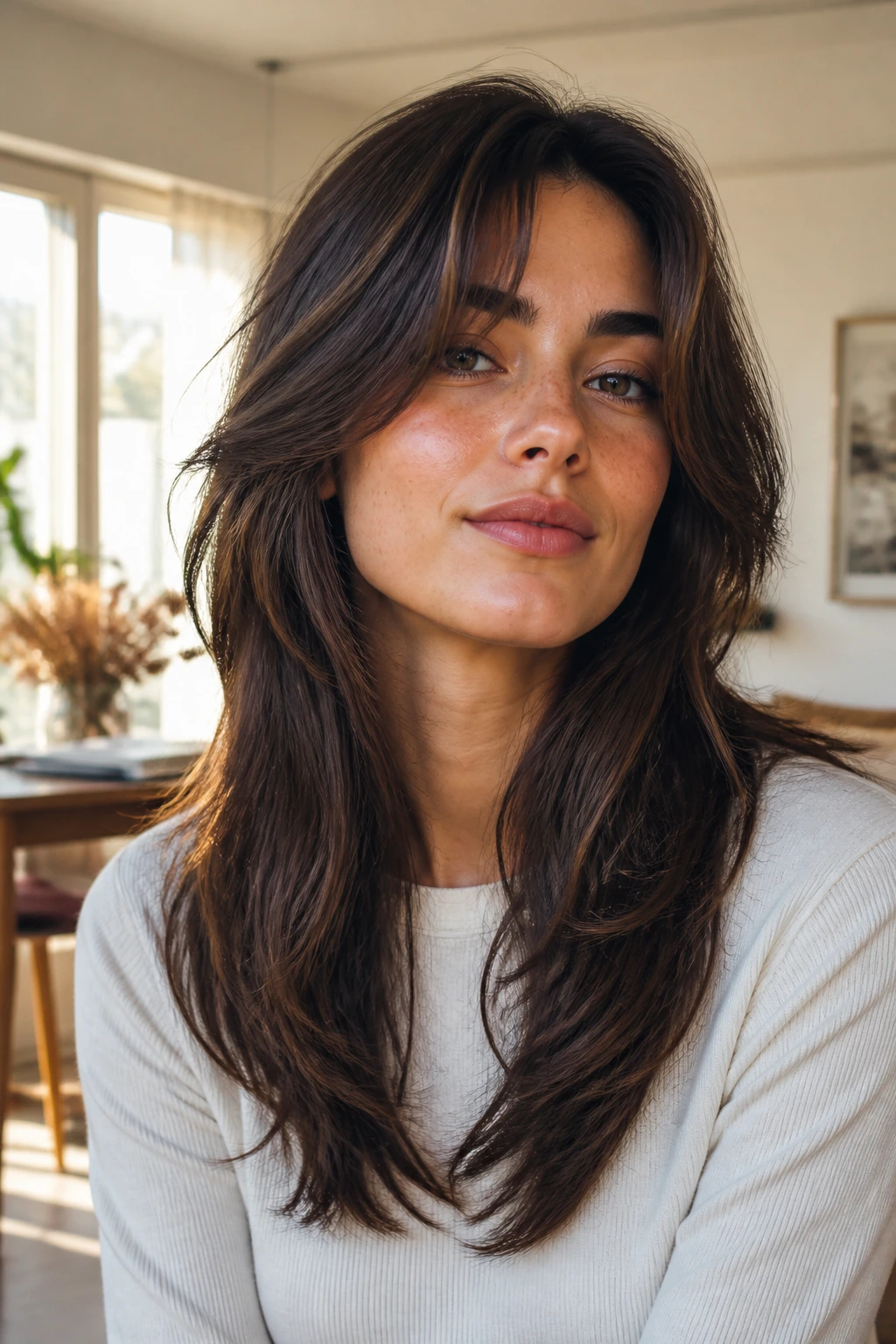 Close-up portrait of a real woman with curtain bangs and shoulder-length layers
