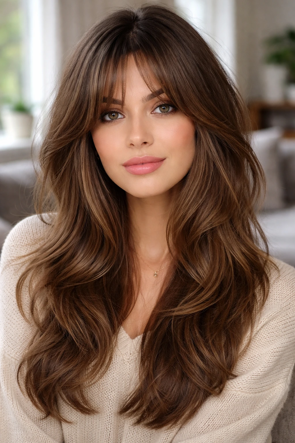 Portrait of a person with curtain bangs and long layers framing the face
