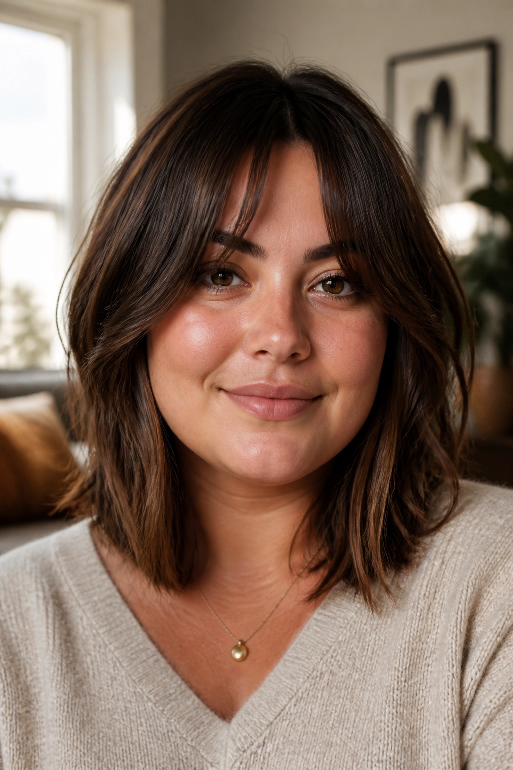 Close-up portrait of a real woman with curtain bangs and lob
