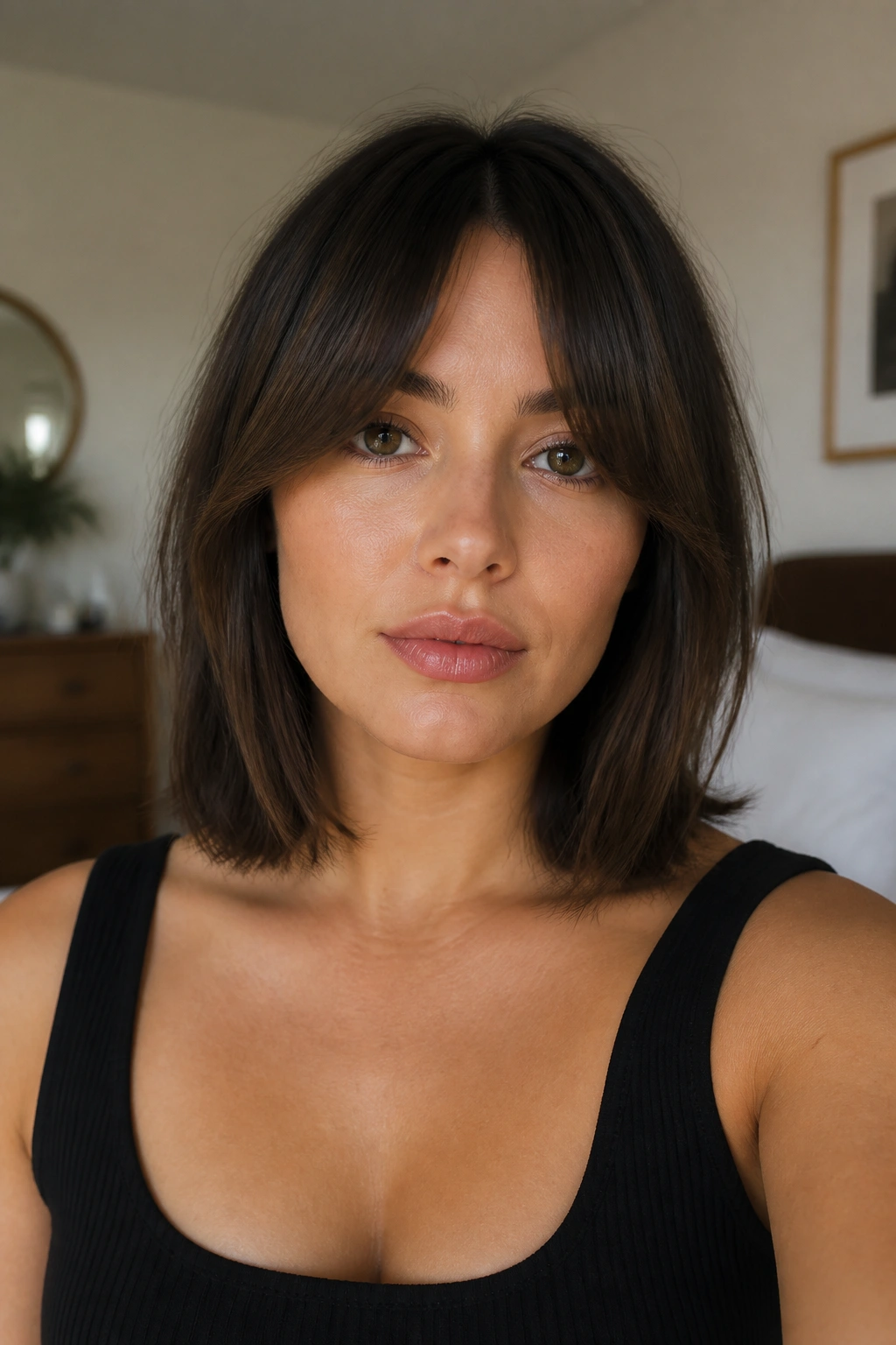 Close-up portrait of a real woman with curtain bangs and a lob haircut.