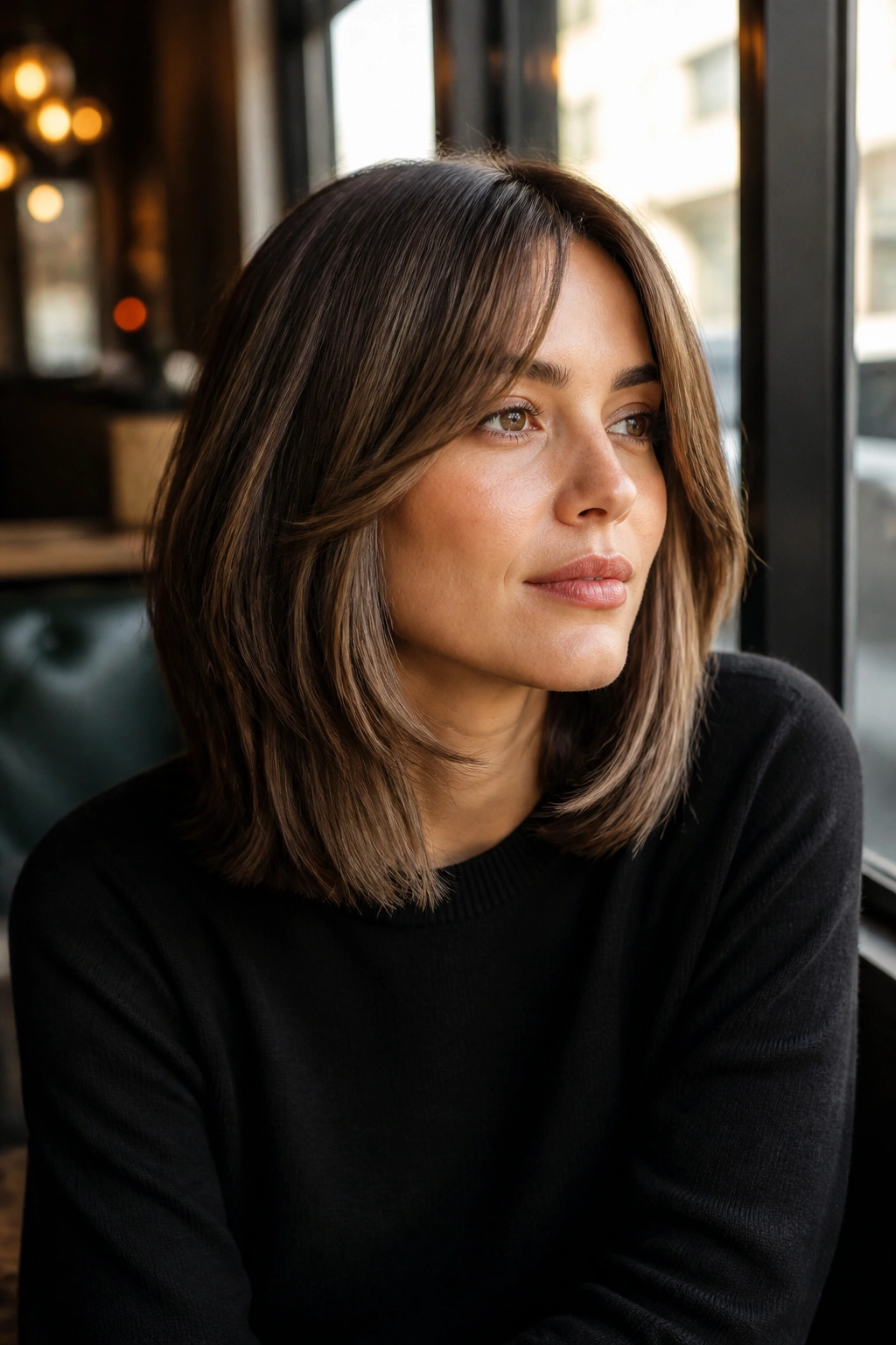 Close-up of a real woman with a shoulder-length lob and curtain bangs starting at cheekbone
