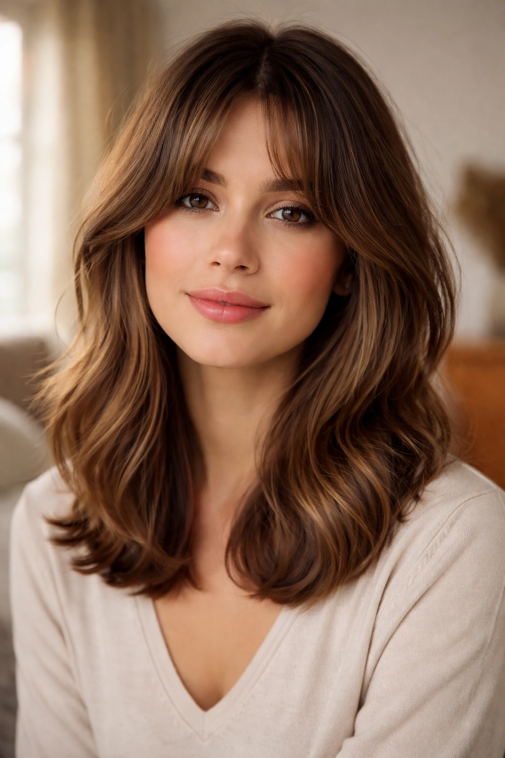 Close-up of a real woman with curtain bangs and lob