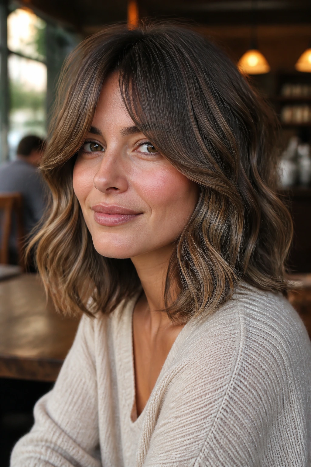 Portrait of a woman with curtain bangs and lob framing the cheeks in a warm cafe setting.