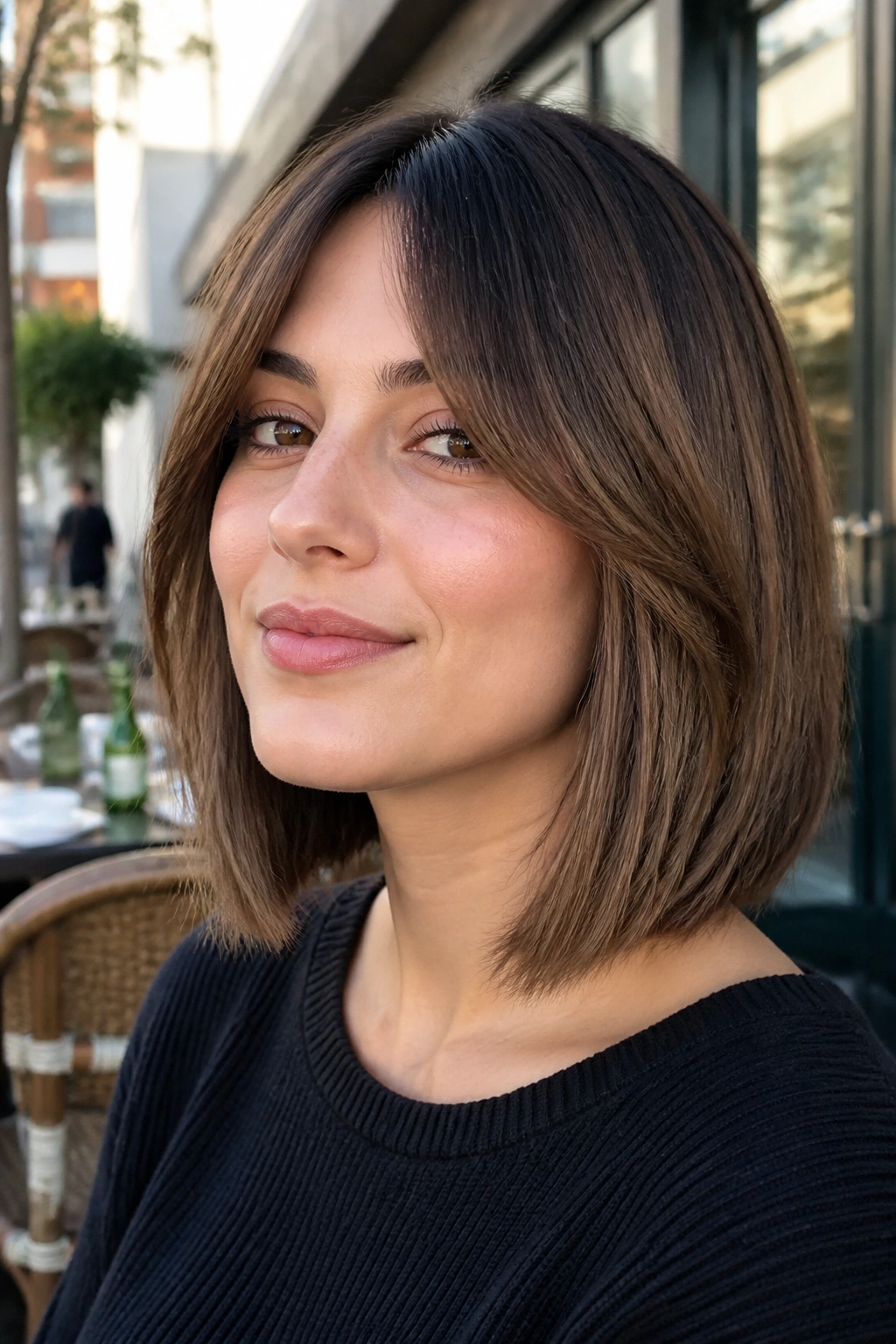 Portrait of a real woman with curtain bangs opening the cheeks.