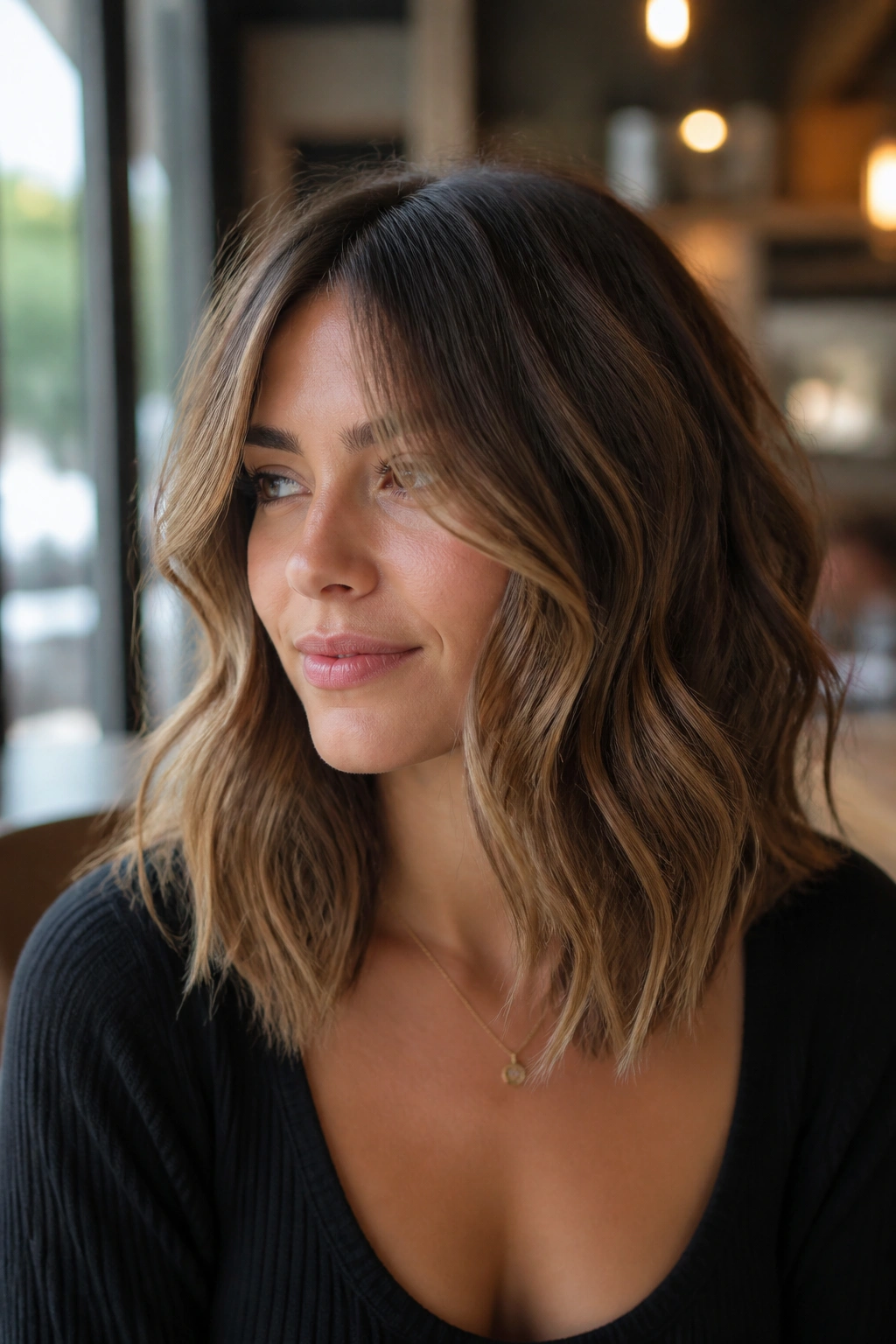 Portrait of a real woman with curtain bangs and face-framing pieces on a lob.