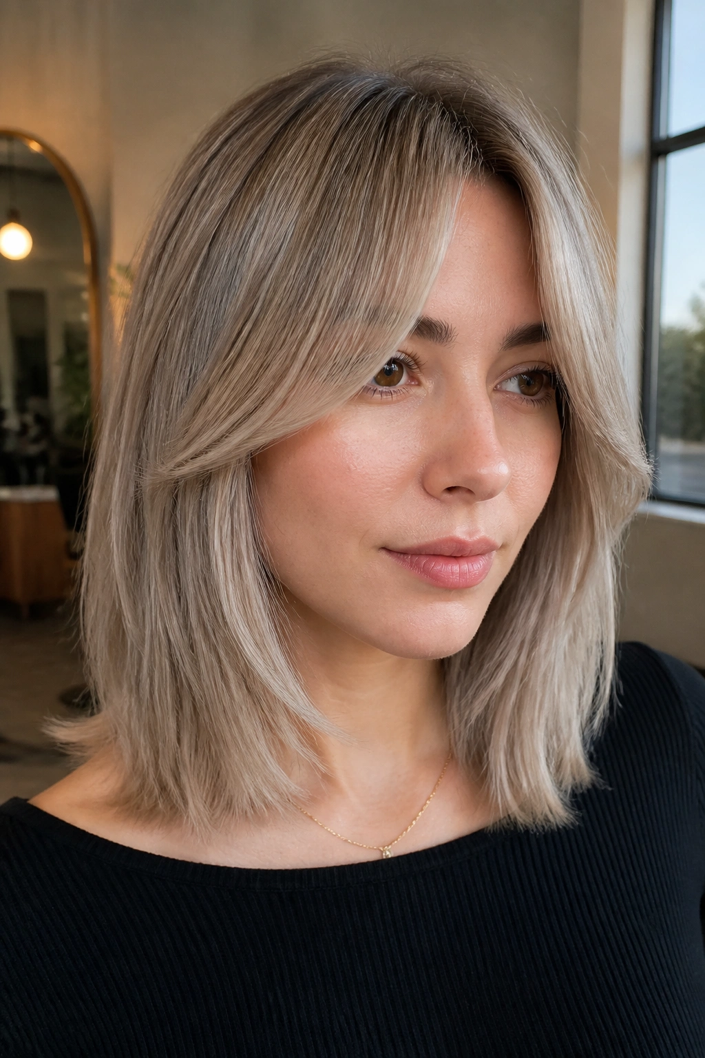 Close-up of a real woman with silver-beige curtain bangs and a lob