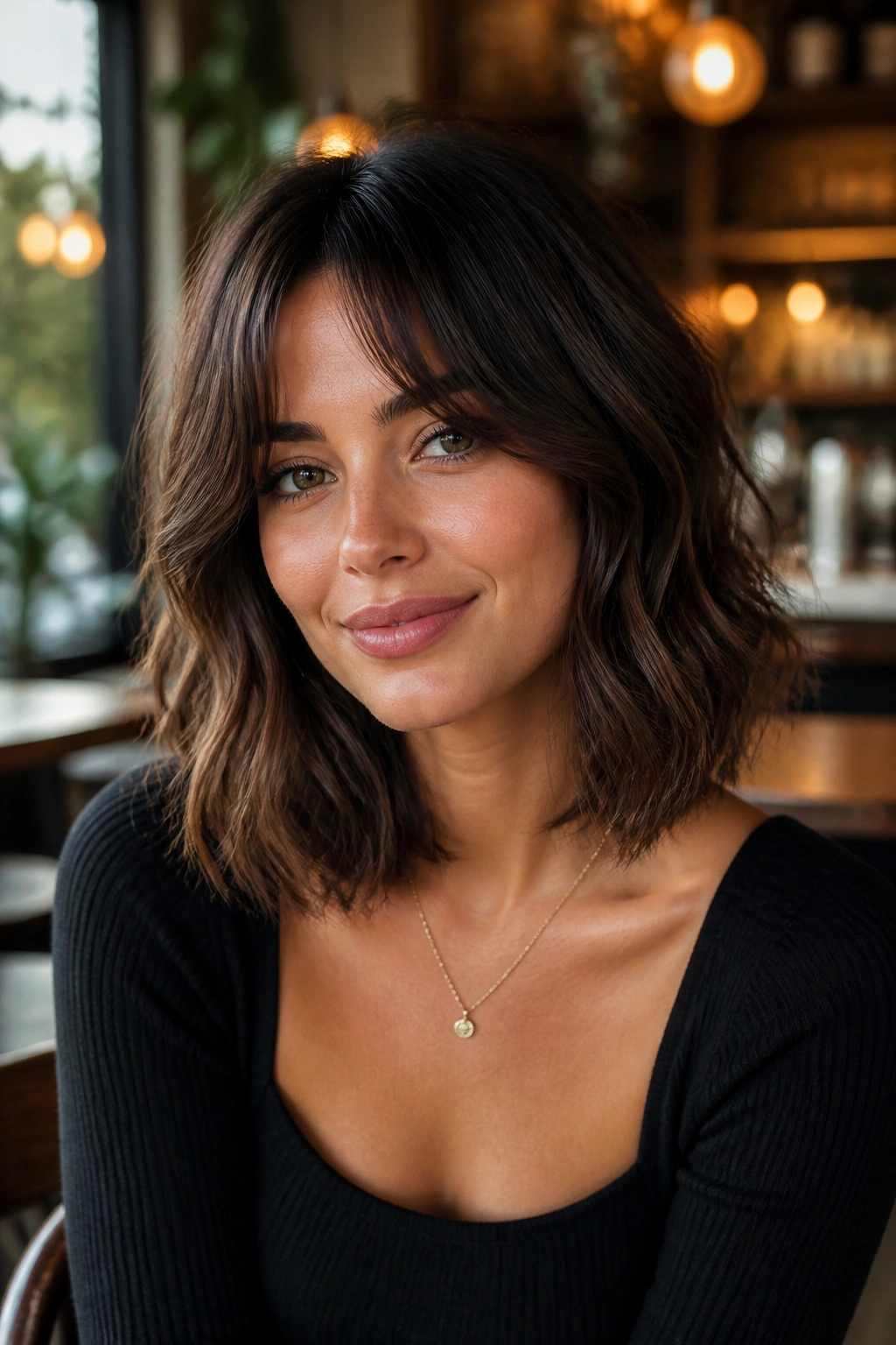 Close-up of a real woman with wavy lob and curtain bangs