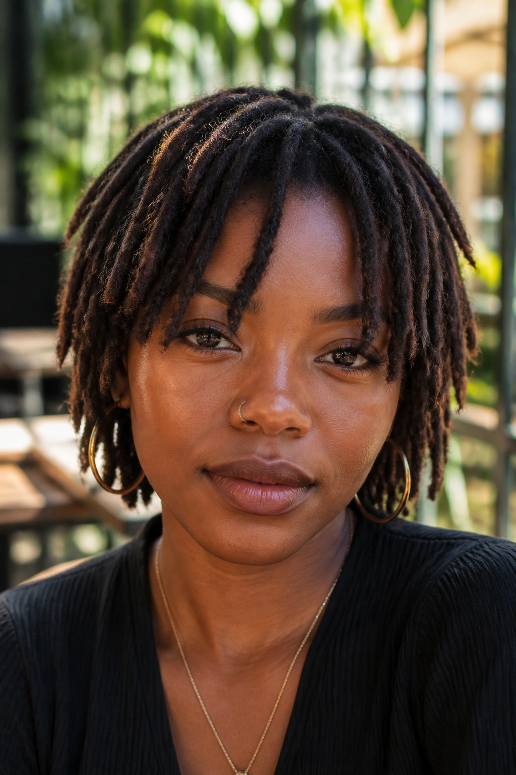 Close-up of a real woman with curtain-bang short locs and soft center part